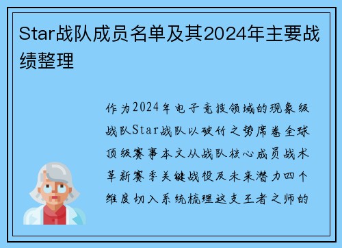 Star战队成员名单及其2024年主要战绩整理